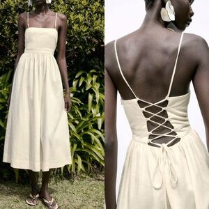 Zara Cream Backless linen Dress with Spaghetti Straps